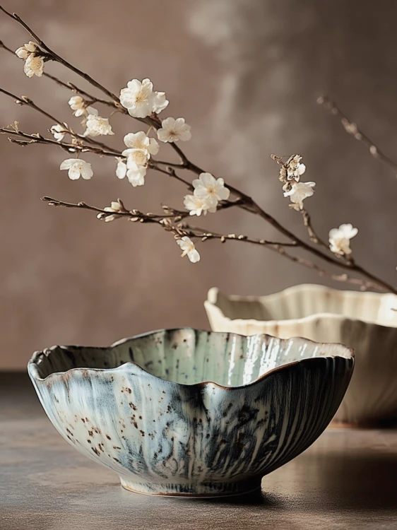 Rustykalna ceramiczna miska z melanżowym niebiesko-beżowym szkliwem stoi na ciemnym blacie. Naturalną kompozycję dopełniają kolejna miska oraz delikatne gałązki z białymi kwiatami, miękko rozmyte w tle.