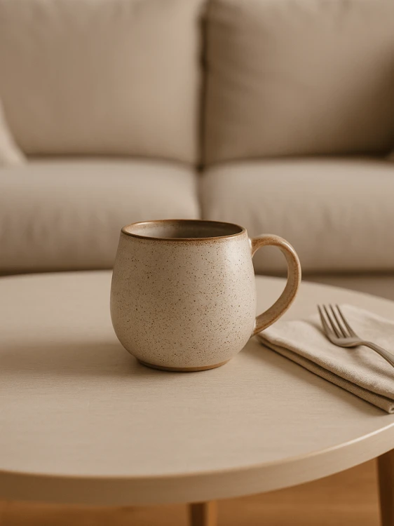 Nakrapiany, beżowy kubek ceramiczny stoi na okrągłym drewnianym stoliku kawowym obok złożonej serwetki i widelca. Minimalistyczna aranżacja przedstawiona jest na tle miękko rozmytej, ciepłej kanapy w kremowym kolorze.