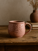 Różowy, teksturowany kubek ceramiczny stoi na rustykalnym drewnianym stole. W miękko rozmytym tle stosik książek oraz mały, terakotowy wazon z suszoną trawą dopełniają ciepłą, przytulną aranżację.