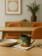 Rustykalny kubek ceramiczny z zielonym szkliwem stoi na jasnej serwetce na drewnianym stole. Przytulna aranżacja obejmuje ceramiczny talerz i sztućce na tle  rozmytej jadalni w ciepłych odcieniach.