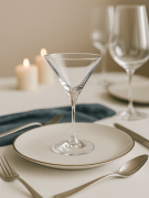 Elegancki kieliszek do martini w nastrojowej aranżacji stołowej, na białym talerzu ze złotą obwódką. Obok srebrne sztućce i granatowa serwetka, w tle dwie zapalone świece.